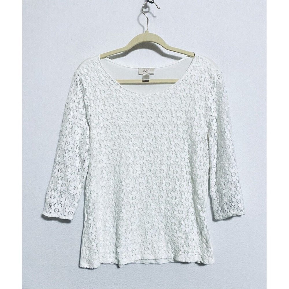 LOFT Top Womens Large Daisy Lace 3/4 Sleeve Scoop Neck White Stretch Boho